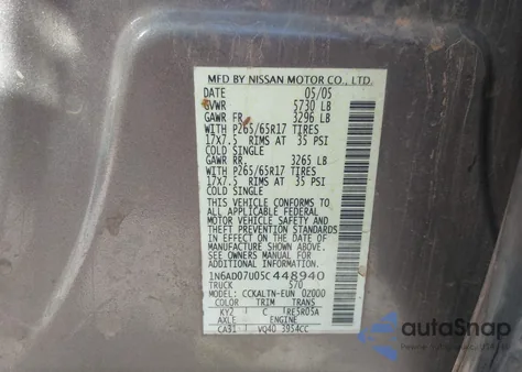 2005 Nissan Frontier Le z USA, uszkodzony, nr VIN 1N6AD07U05C448940